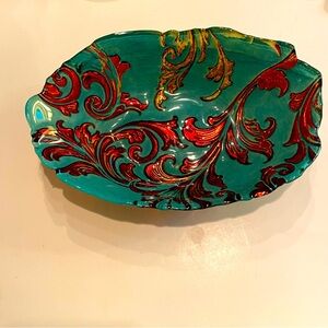 Vintage Antique Goofus Turquoise Aqua Oval Decorative Art Glass Bowl Gorgeous